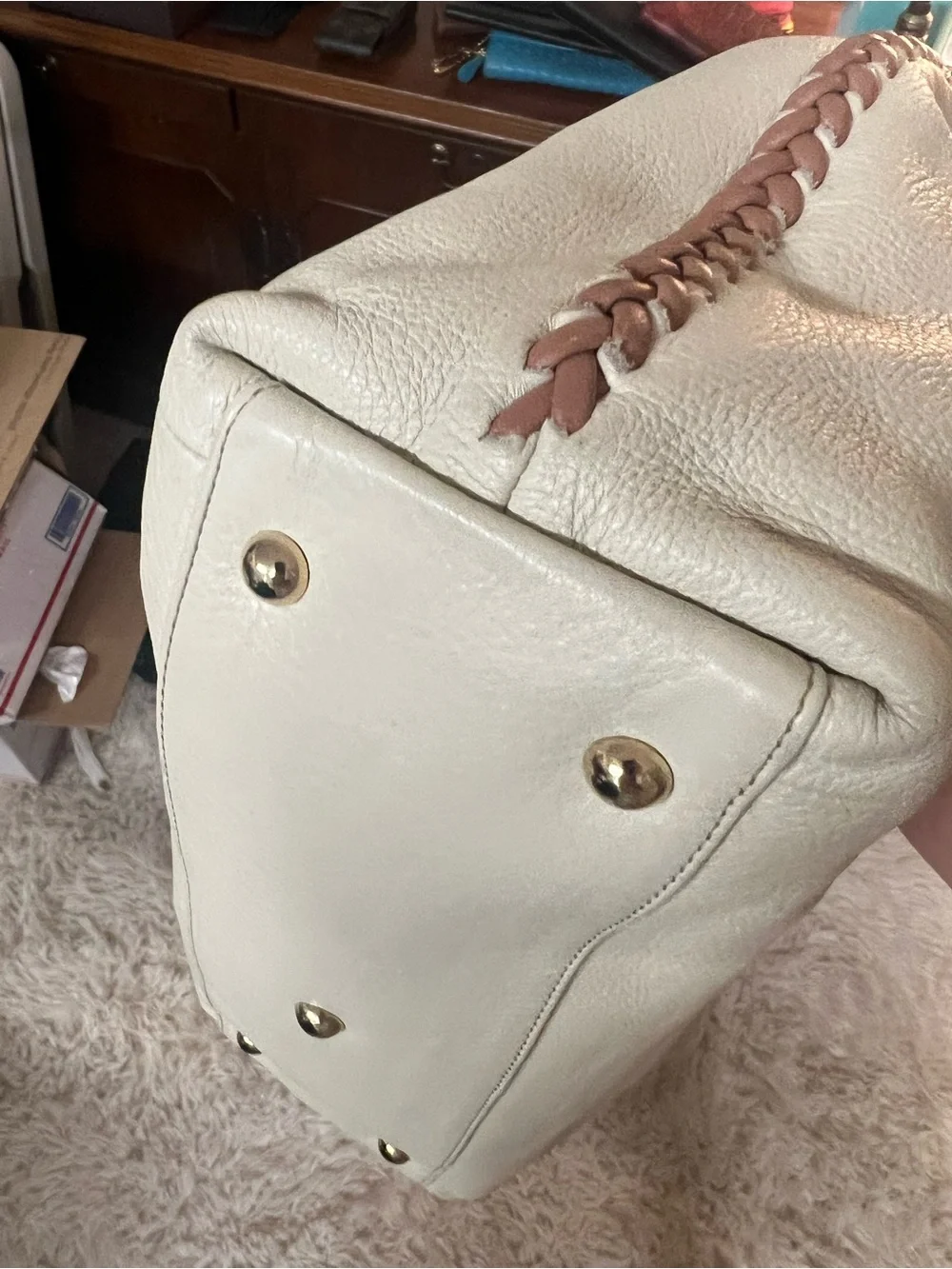 Furla Ivory Whipstitch Leather Tote with Tan Handles